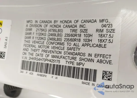 2023 Honda Cr-V Ex-L Awd из США, поврежденный, VIN 2HKRS4H70PH425175